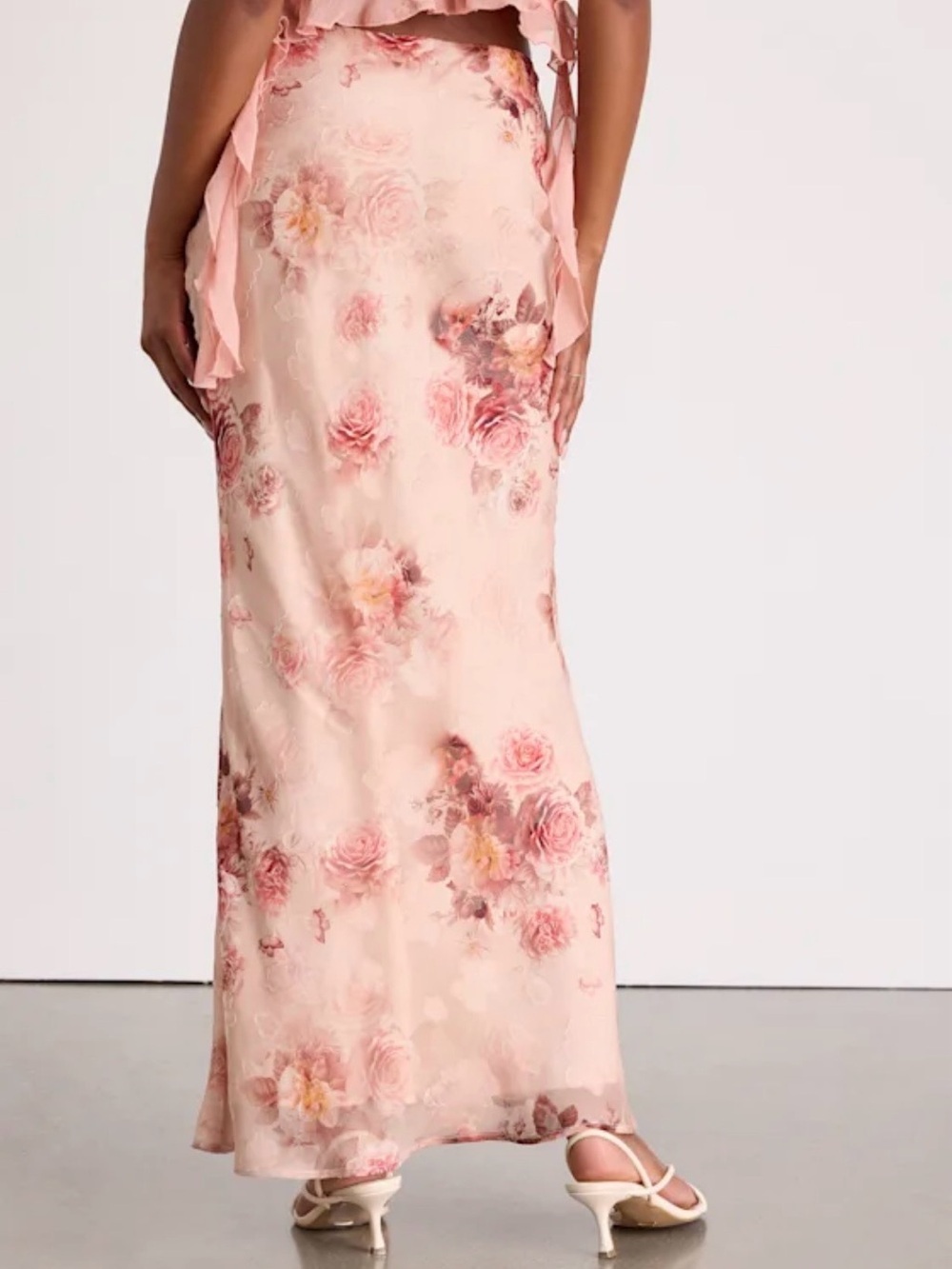 Lulu's Blush Pink Floral Satin Maxi Skirt - Picture 3 of 7